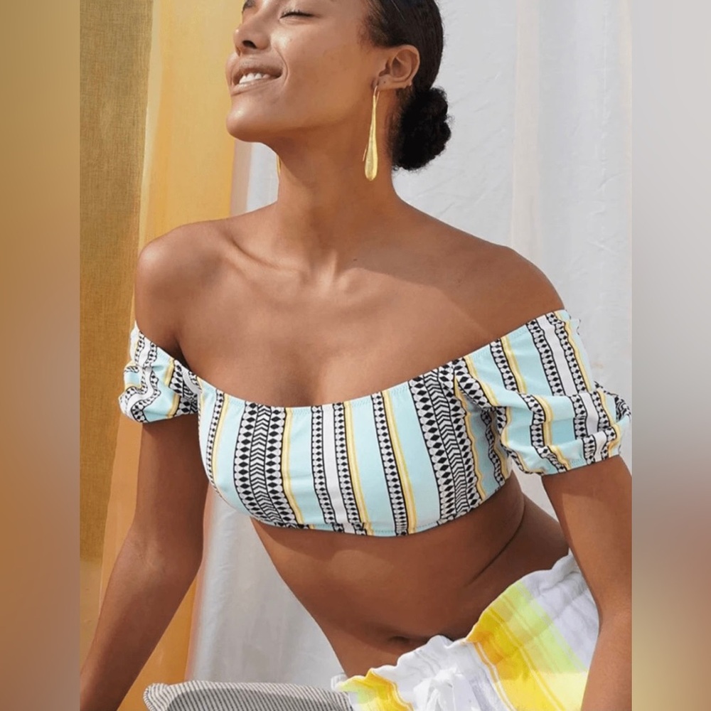 Lemlem Bikini Set Neela Pouf Top/String Bikini Bottom Size XL Blue Yellow Black